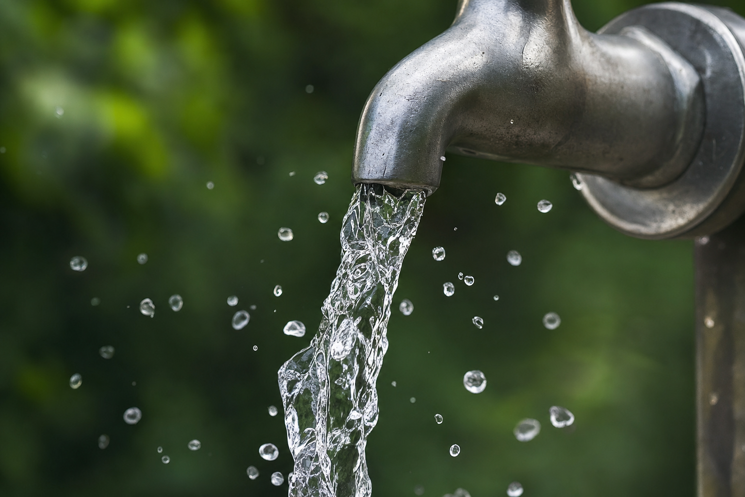 Crystal-clear water pouring from a stainless spigot in a green landscape