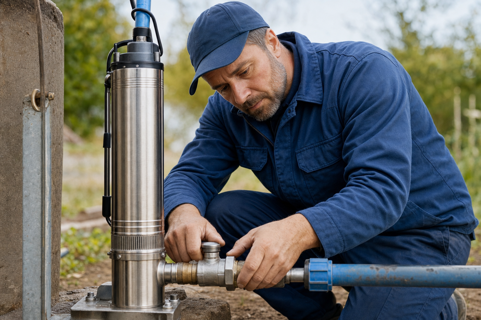 Aquatech technician installing a stainless submersible pump